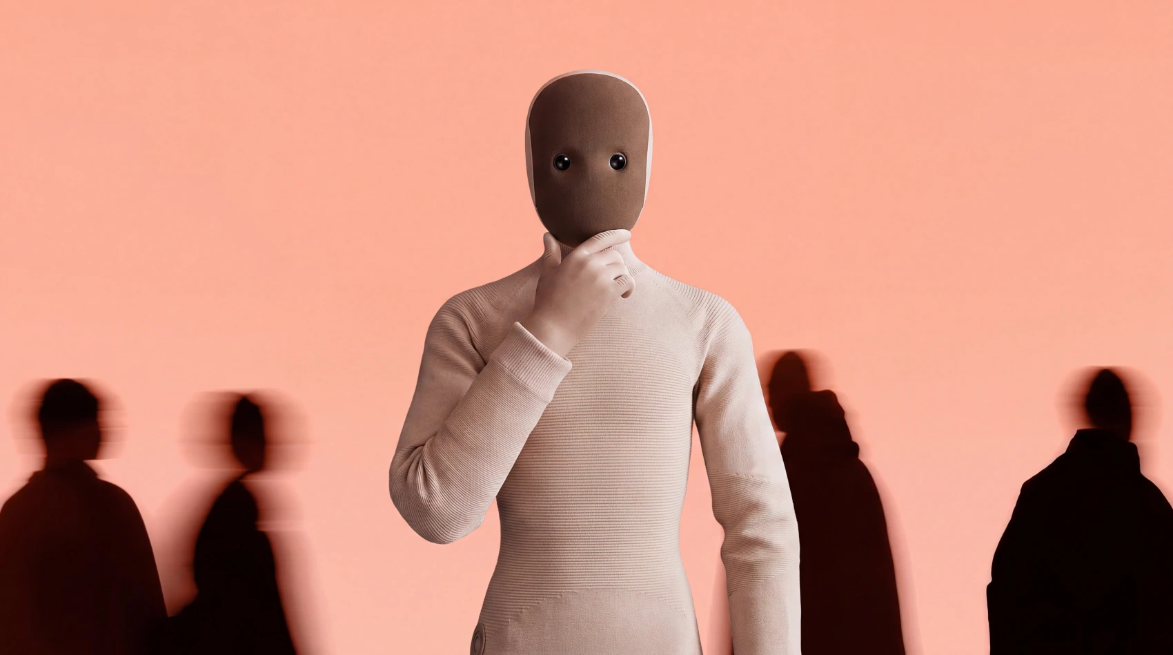 Humanoid robot figure among blurred silhouettes, illustrating AI workflow automation